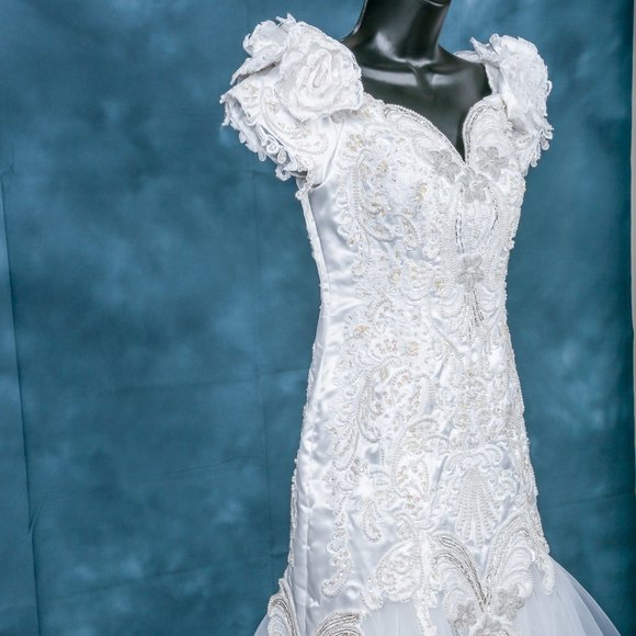 Vintage Wedding Dress + Vail  Mermaid White 4 - Picture 5 of 16
